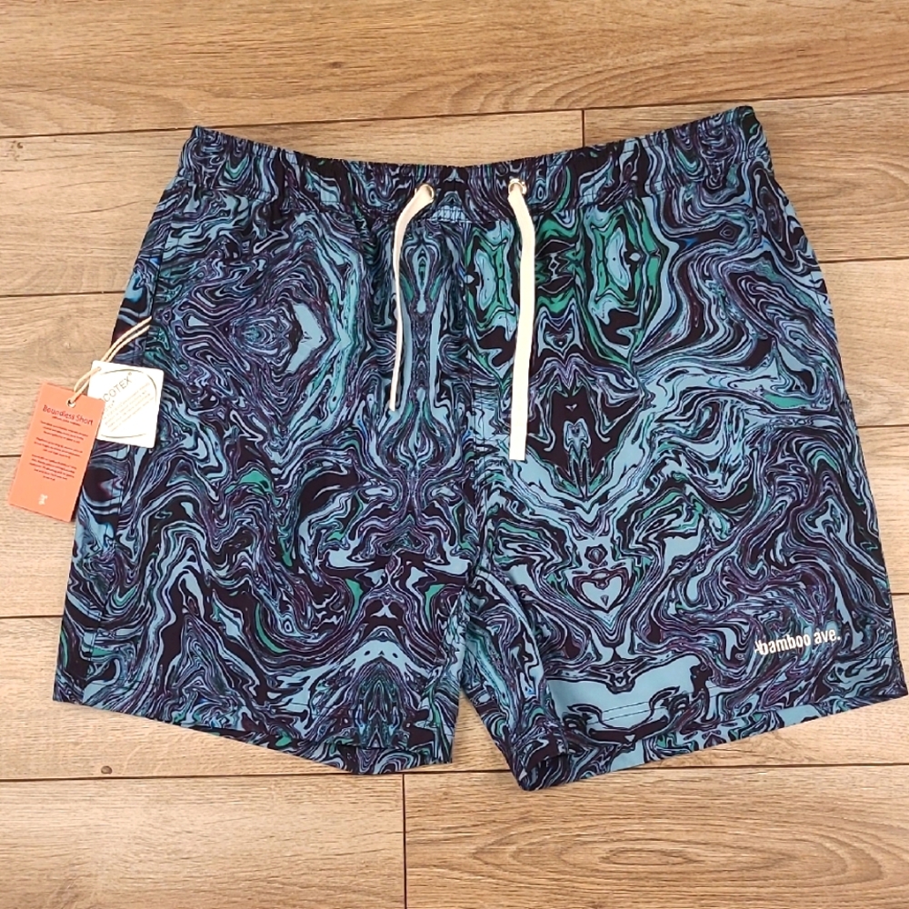 BAMBOO AVE Boundless Green Blue Paint Splatter Sz L‎ Athletic Workout Shorts NEW